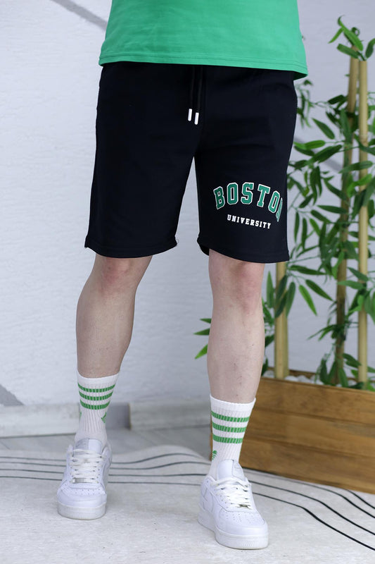 Erkek Boston Baskılı Yazlık penye Şort - Siyah