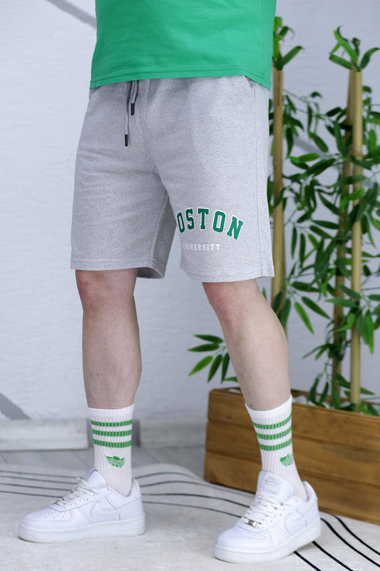 Erkek Boston Baskılı Yazlık penye Şort - Gri