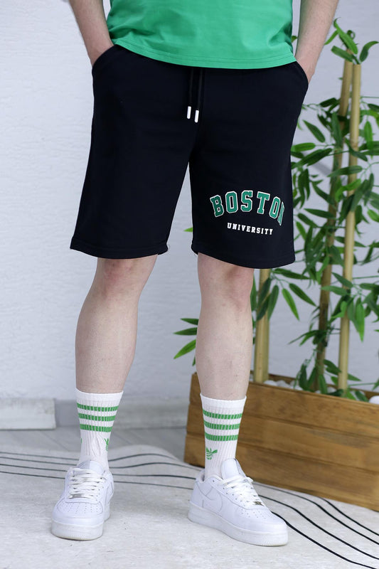 Erkek Boston Baskılı Yazlık penye Şort - Siyah