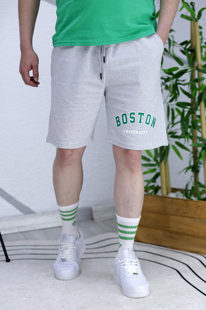 Erkek Boston Baskılı Yazlık penye Şort - Gri