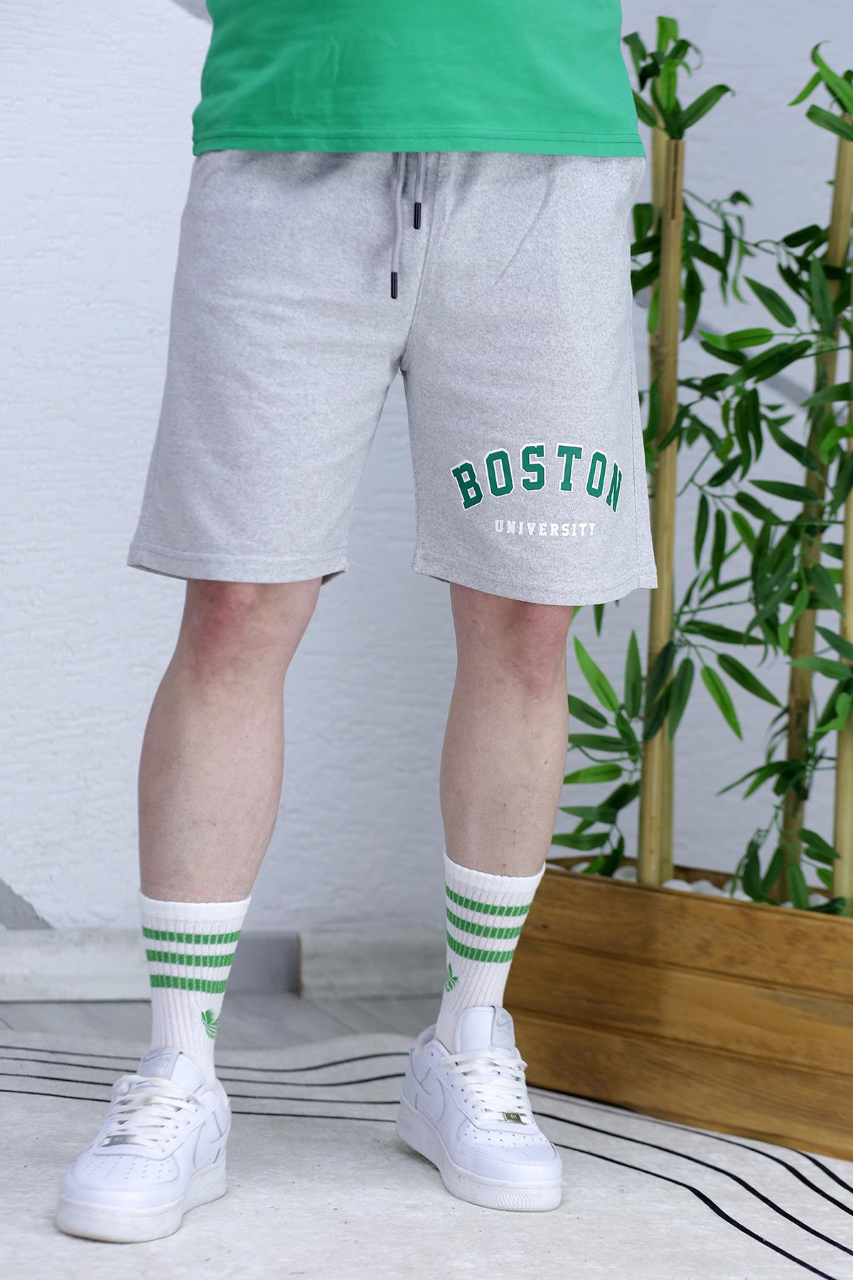 Erkek Boston Baskılı Yazlık penye Şort - Gri