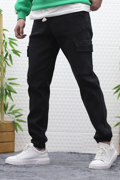 Erkek Boy Friend Kot Pantolon Kargo Cepli Bel Ve Paça Lastikli - Siyah