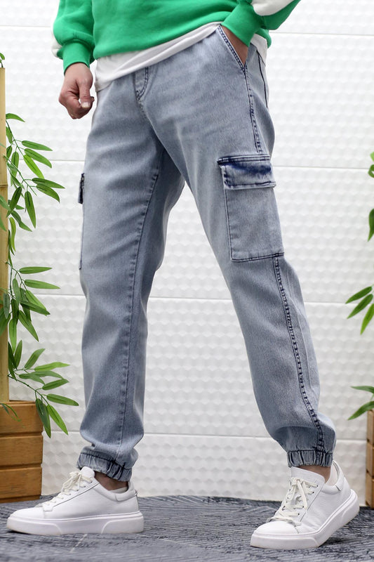 Erkek Boy Friend Kot Pantolon Kargo Cepli Bel Ve Paça Lastikli - Açık Mavi