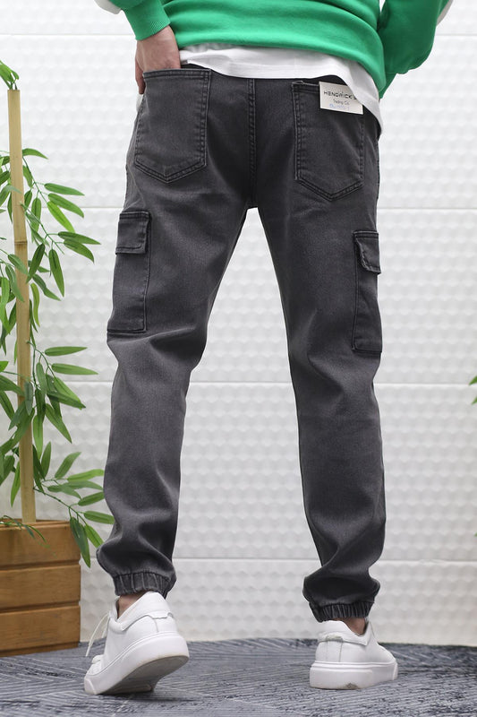 Erkek Boy Friend Kot Pantolon Kargo Cepli Bel Ve Paça Lastikli - Füme
