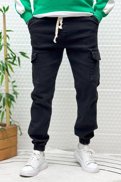 Erkek Boy Friend Kot Pantolon Kargo Cepli Bel Ve Paça Lastikli - Siyah