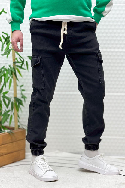 Erkek Boy Friend Kot Pantolon Kargo Cepli Bel Ve Paça Lastikli - Siyah