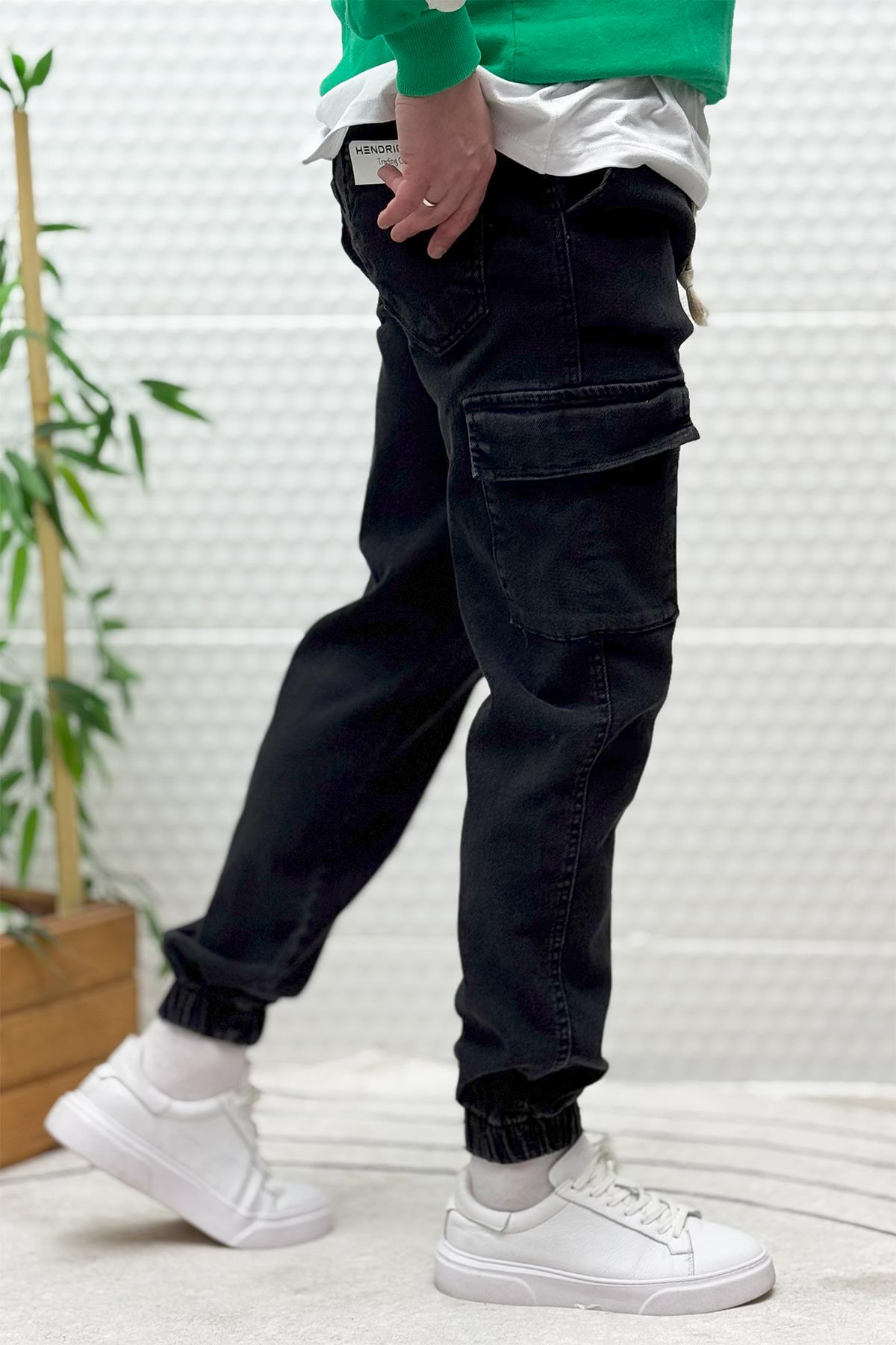 Erkek Boy Friend Kot Pantolon Kargo Cepli Bel Ve Paça Lastikli - Siyah