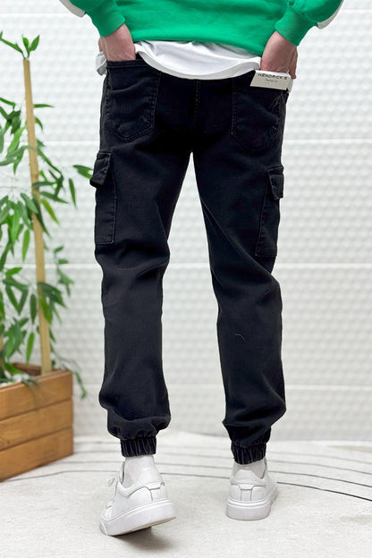 Erkek Boy Friend Kot Pantolon Kargo Cepli Bel Ve Paça Lastikli - Siyah