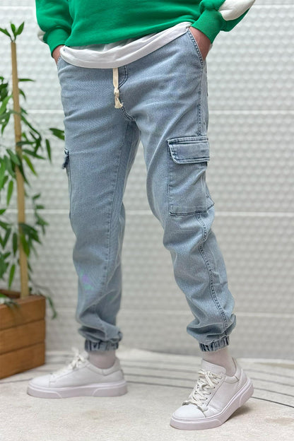 Erkek Boy Friend Kot Pantolon Kargo Cepli Bel Ve Paça Lastikli - Açık Mavi