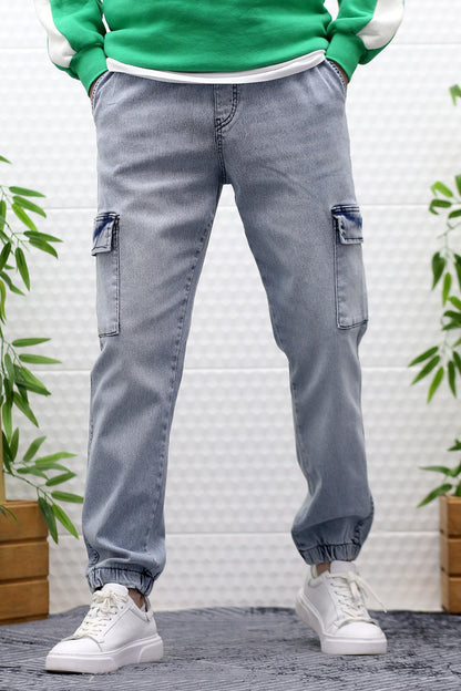 Erkek Boy Friend Kot Pantolon Kargo Cepli Bel Ve Paça Lastikli - Açık Mavi