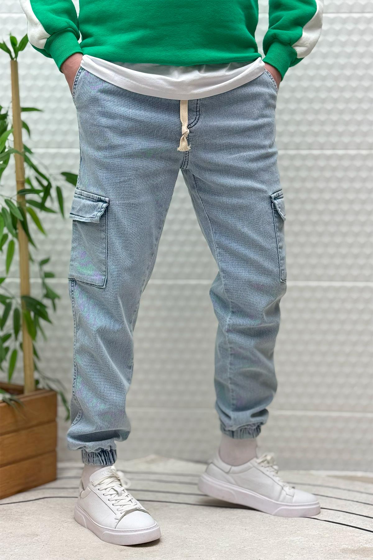 Erkek Boy Friend Kot Pantolon Kargo Cepli Bel Ve Paça Lastikli - Açık Mavi