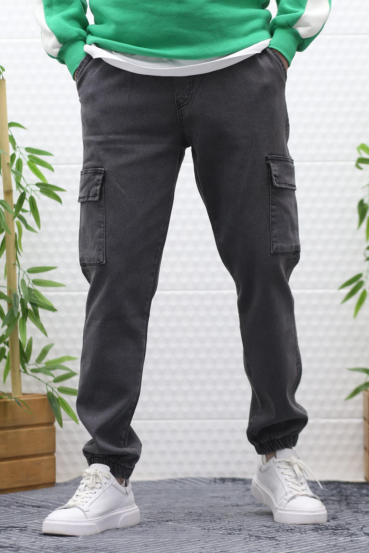 Erkek Boy Friend Kot Pantolon Kargo Cepli Bel Ve Paça Lastikli - Füme