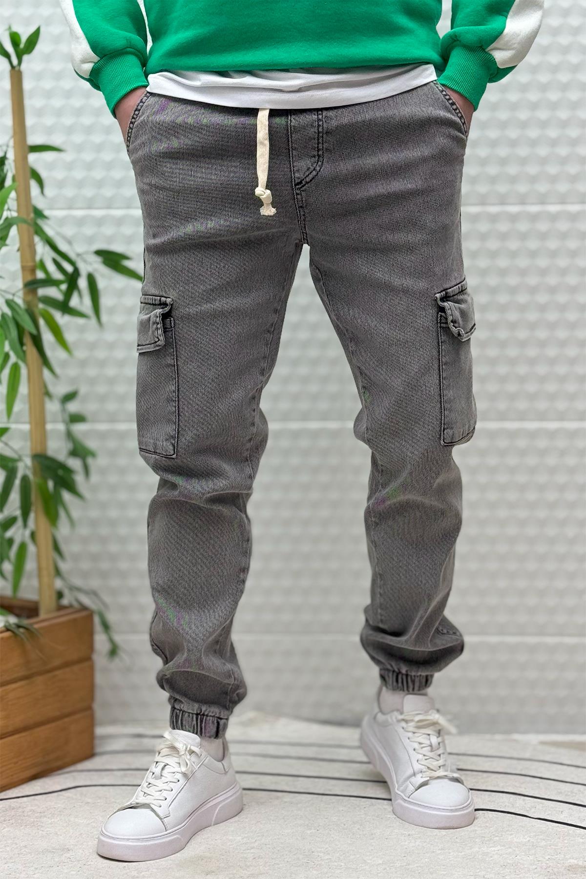 Erkek Boy Friend Kot Pantolon Kargo Cepli Bel Ve Paça Lastikli - Füme