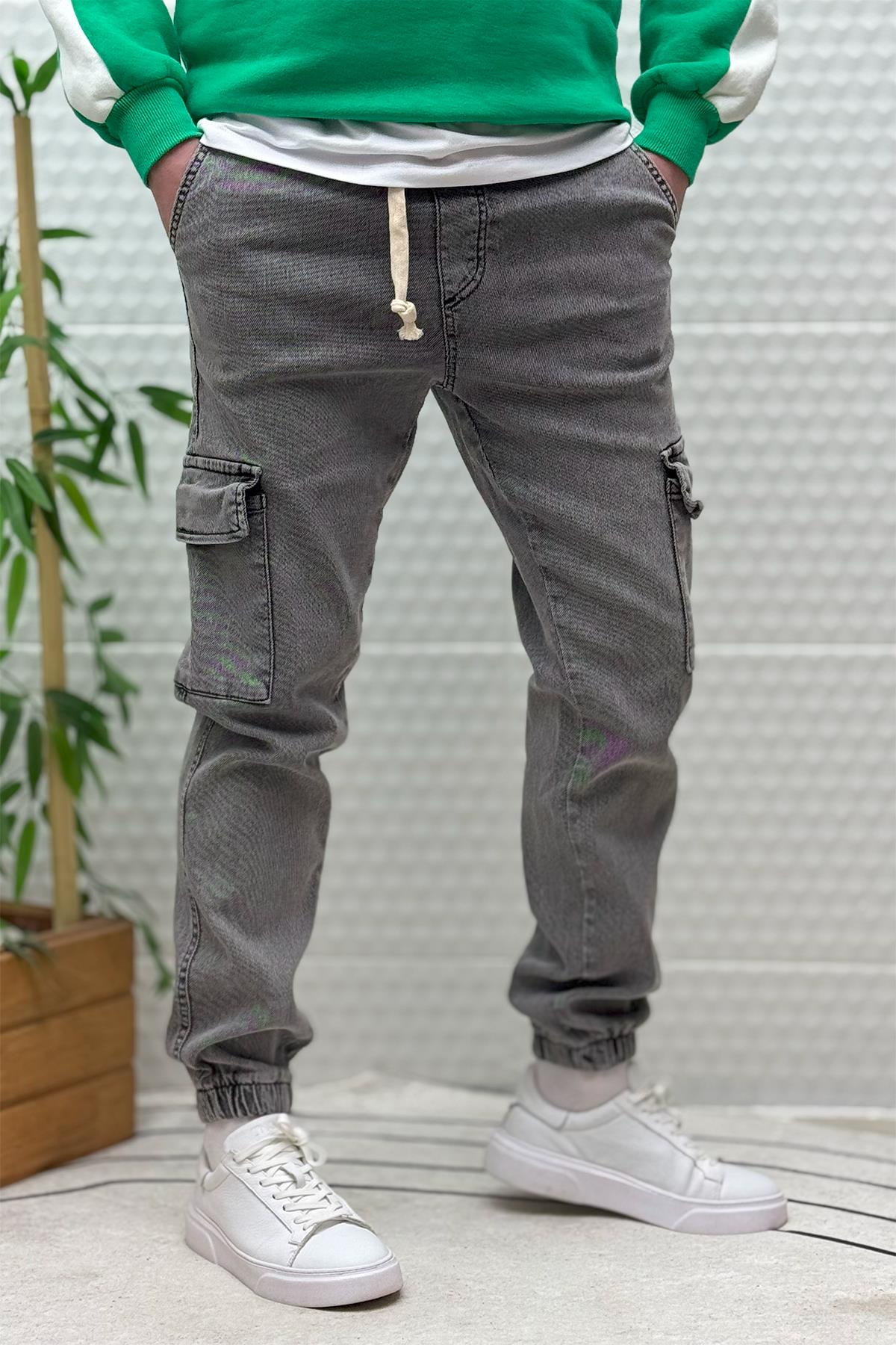 Erkek Boy Friend Kot Pantolon Kargo Cepli Bel Ve Paça Lastikli - Füme
