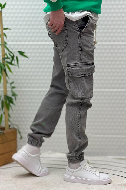 Erkek Boy Friend Kot Pantolon Kargo Cepli Bel Ve Paça Lastikli - Füme