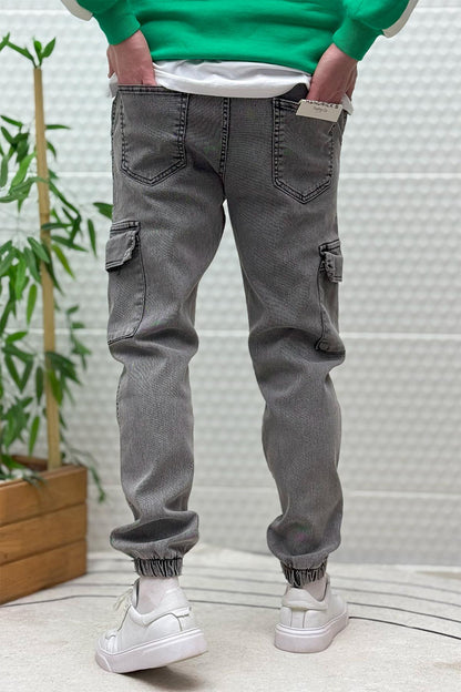 Erkek Boy Friend Kot Pantolon Kargo Cepli Bel Ve Paça Lastikli - Füme