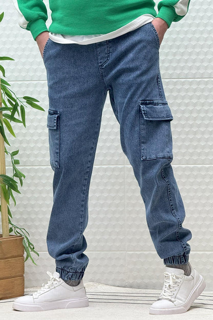 Erkek Boy Friend Kot Pantolon Kargo Cepli Bel Ve Paça Lastikli - Koyu Mavi