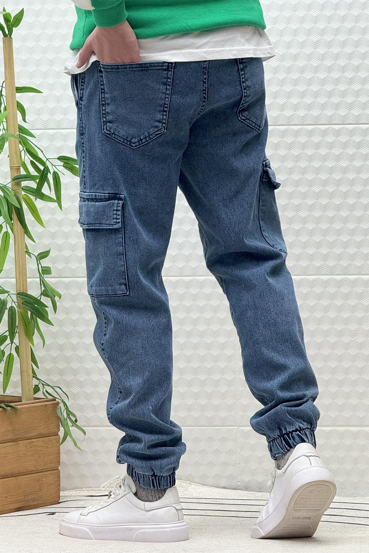Erkek Boy Friend Kot Pantolon Kargo Cepli Bel Ve Paça Lastikli - Koyu Mavi