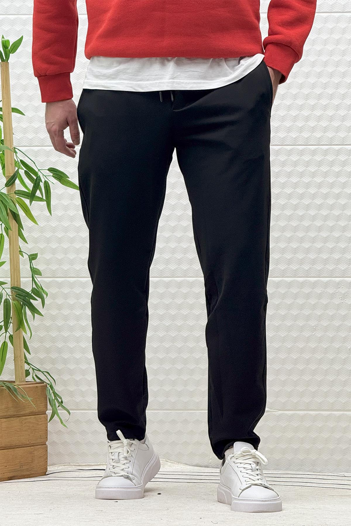 Erkek Düz Paça Çelik Örgü Kumaş Mevsimlik Klasik Pantalon - Siyah