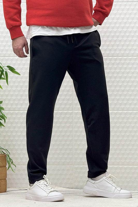 Erkek Düz Paça Çelik Örgü Kumaş Mevsimlik Klasik Pantalon - Siyah