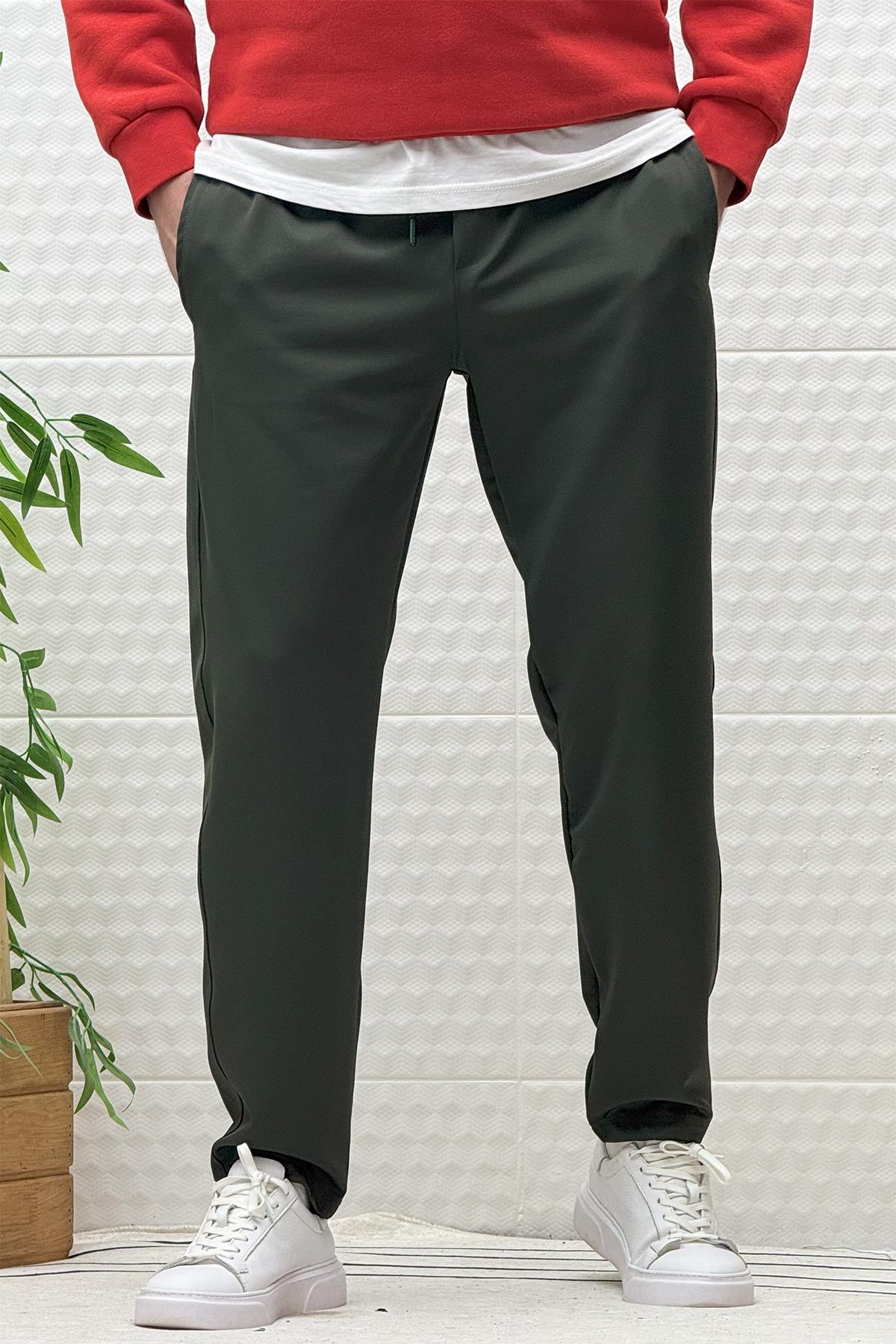 Erkek Düz Paça Çelik Örgü Kumaş Mevsimlik Klasik Pantalon - Haki Yeşil