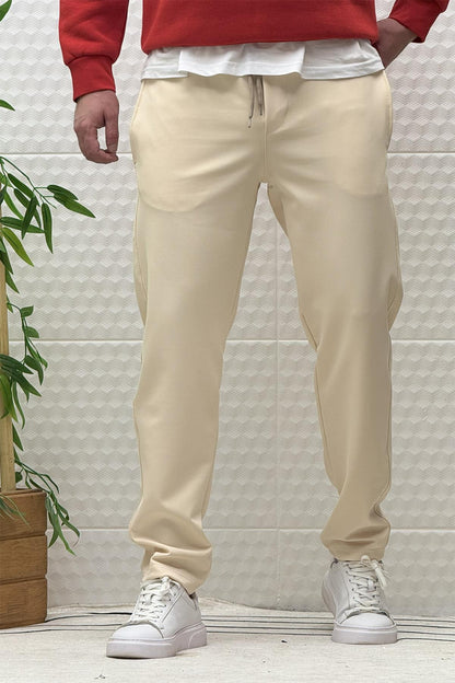 Erkek Düz Paça Çelik Örgü Kumaş Mevsimlik Klasik Pantalon - Bej