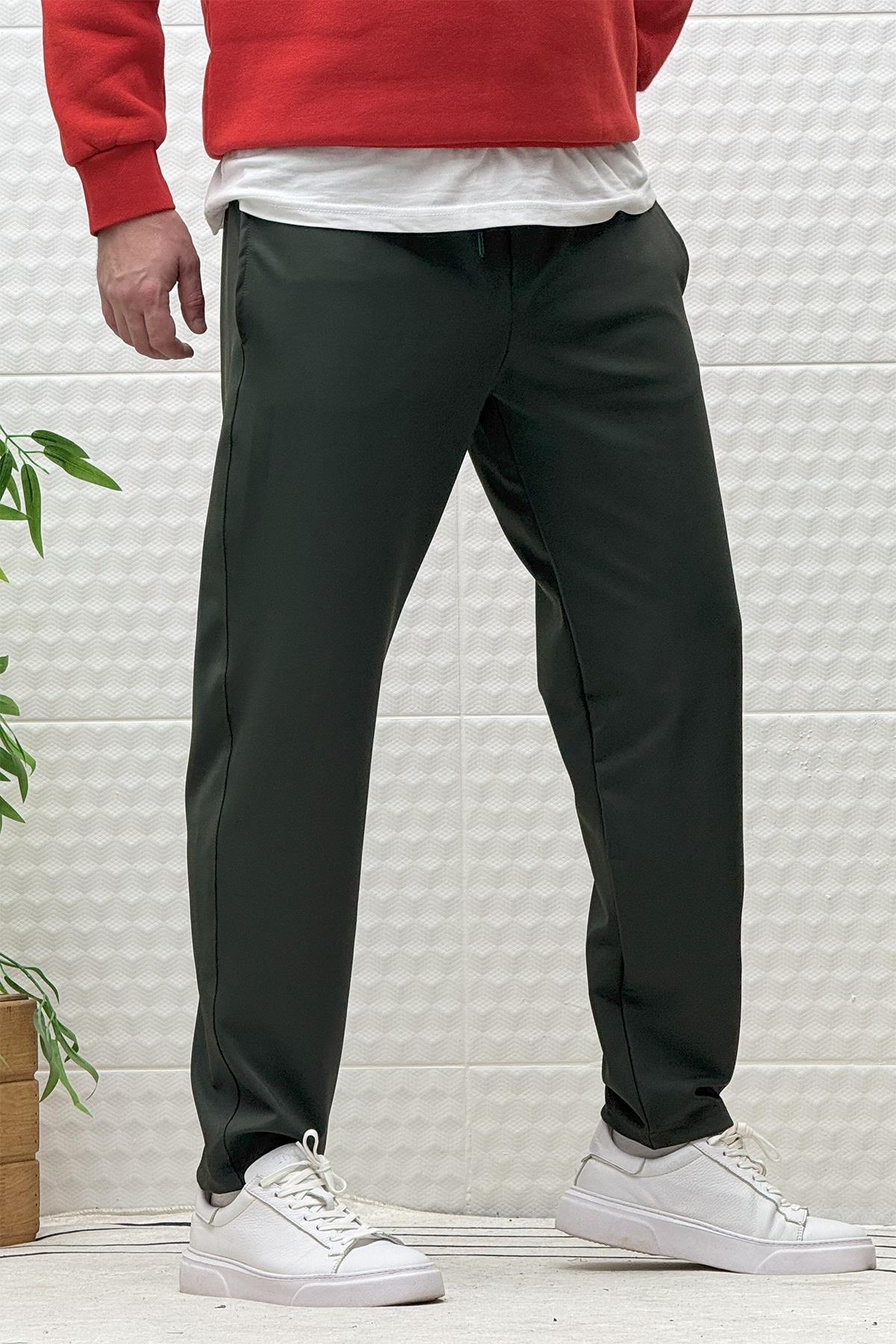 Erkek Düz Paça Çelik Örgü Kumaş Mevsimlik Klasik Pantalon - Haki Yeşil