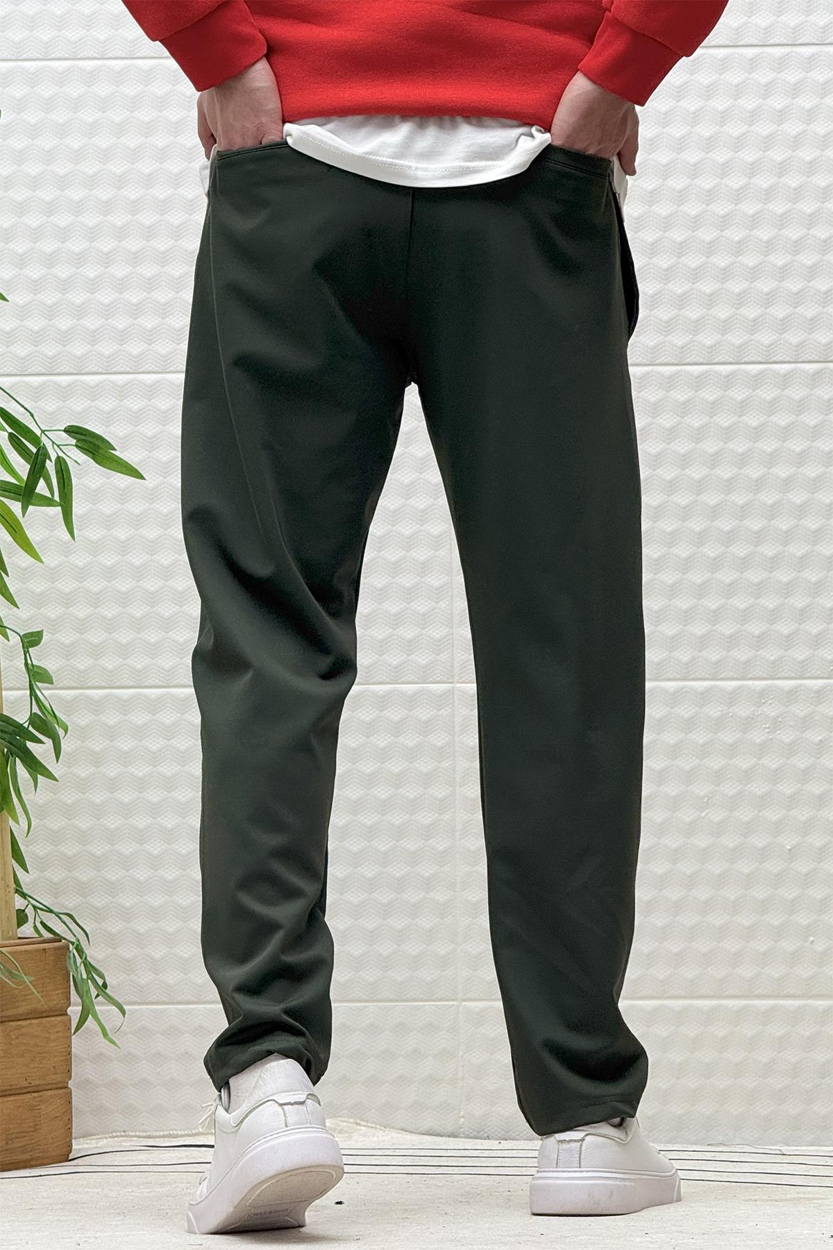 Erkek Düz Paça Çelik Örgü Kumaş Mevsimlik Klasik Pantalon - Haki Yeşil