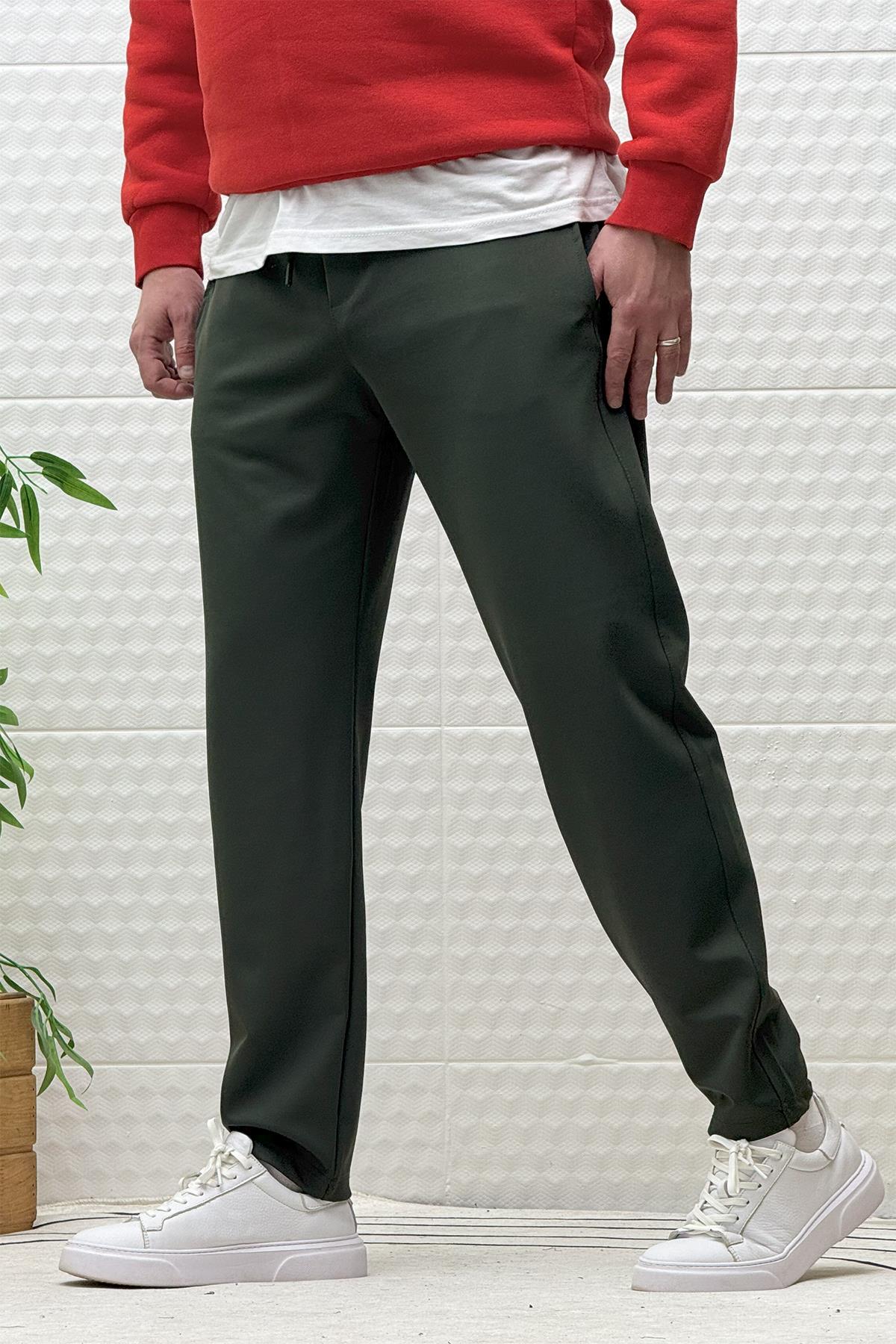Erkek Düz Paça Çelik Örgü Kumaş Mevsimlik Klasik Pantalon - Haki Yeşil