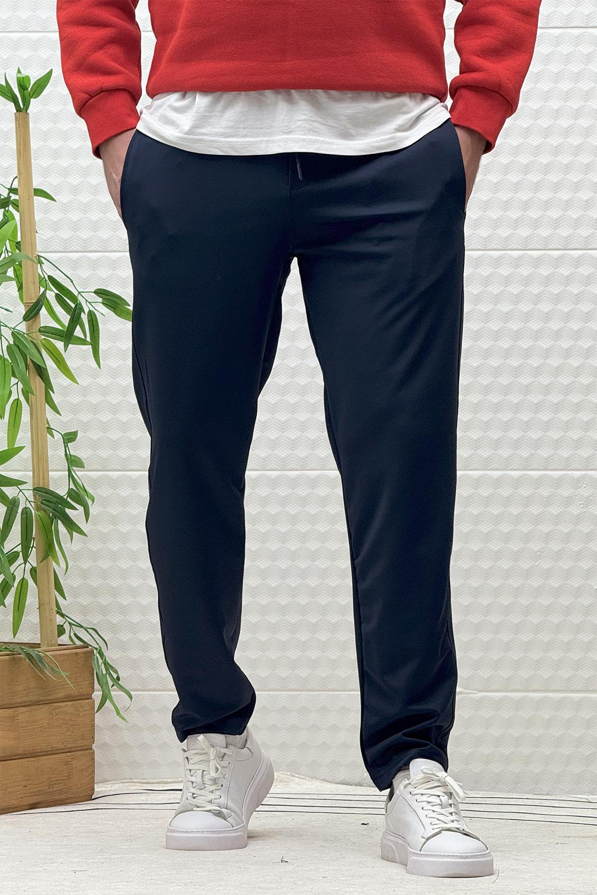 Erkek Düz Paça Çelik Örgü Kumaş Mevsimlik Klasik Pantalon - Lacivert