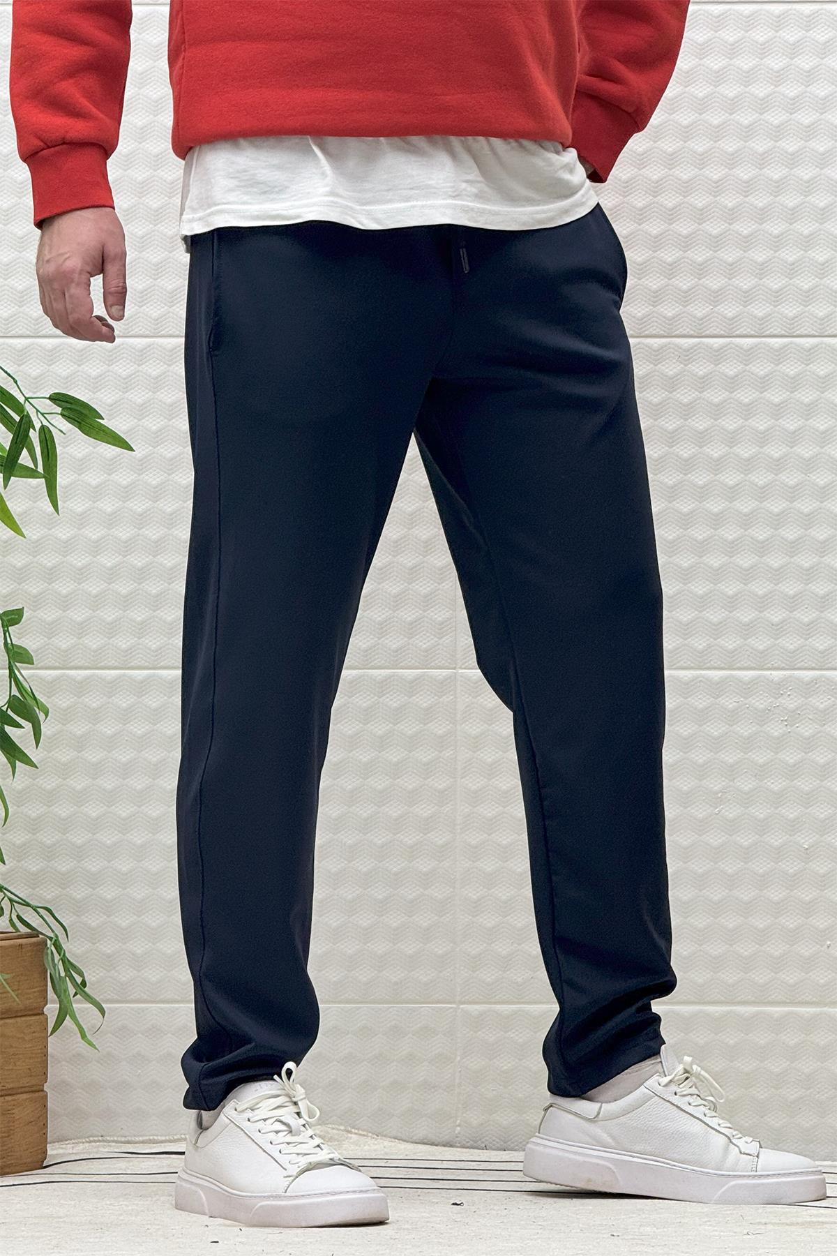 Erkek Düz Paça Çelik Örgü Kumaş Mevsimlik Klasik Pantalon - Lacivert