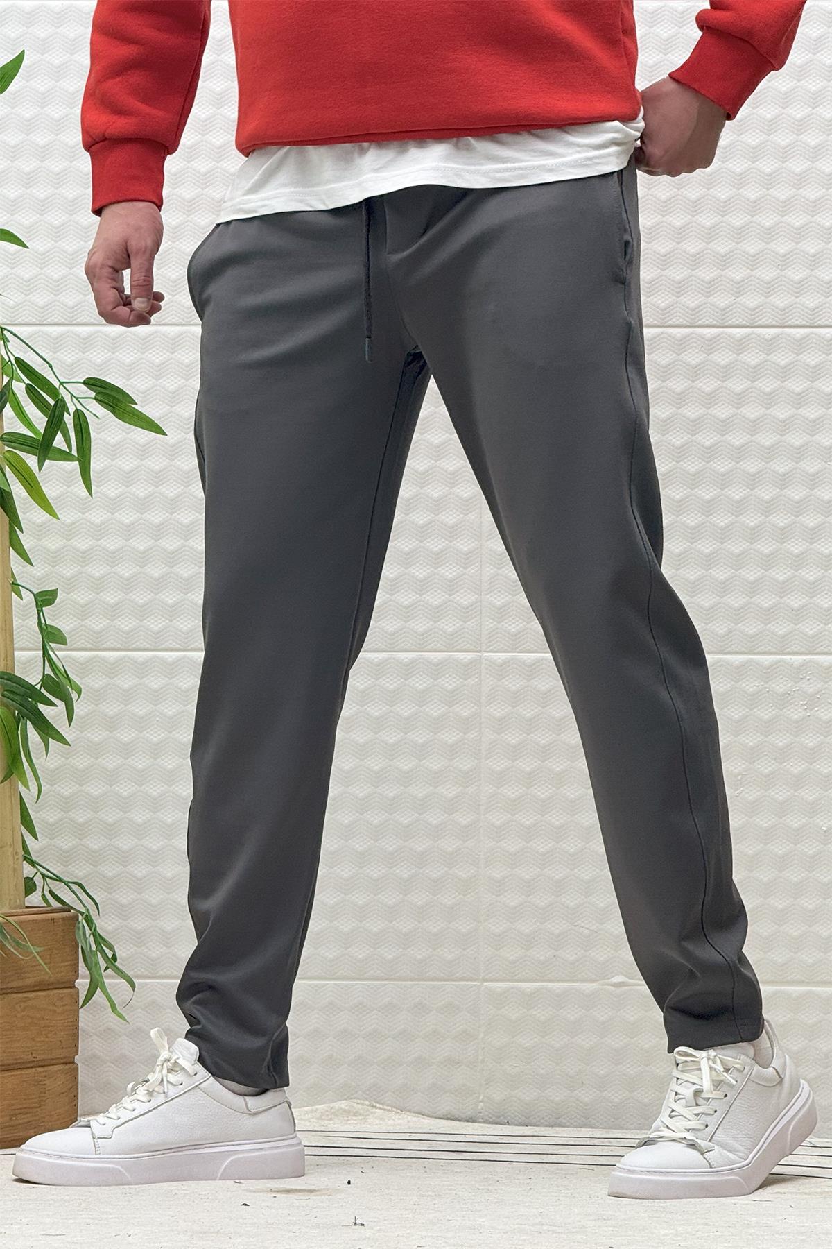 Erkek Düz Paça Çelik Örgü Kumaş Mevsimlik Klasik Pantalon - Füme