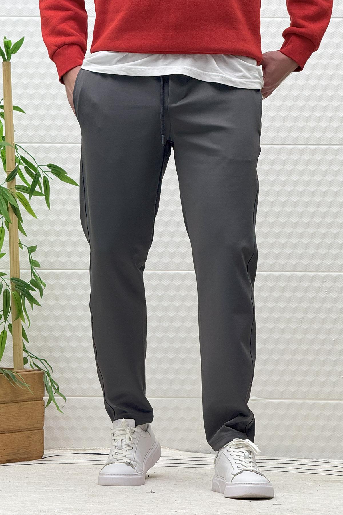 Erkek Düz Paça Çelik Örgü Kumaş Mevsimlik Klasik Pantalon - Füme