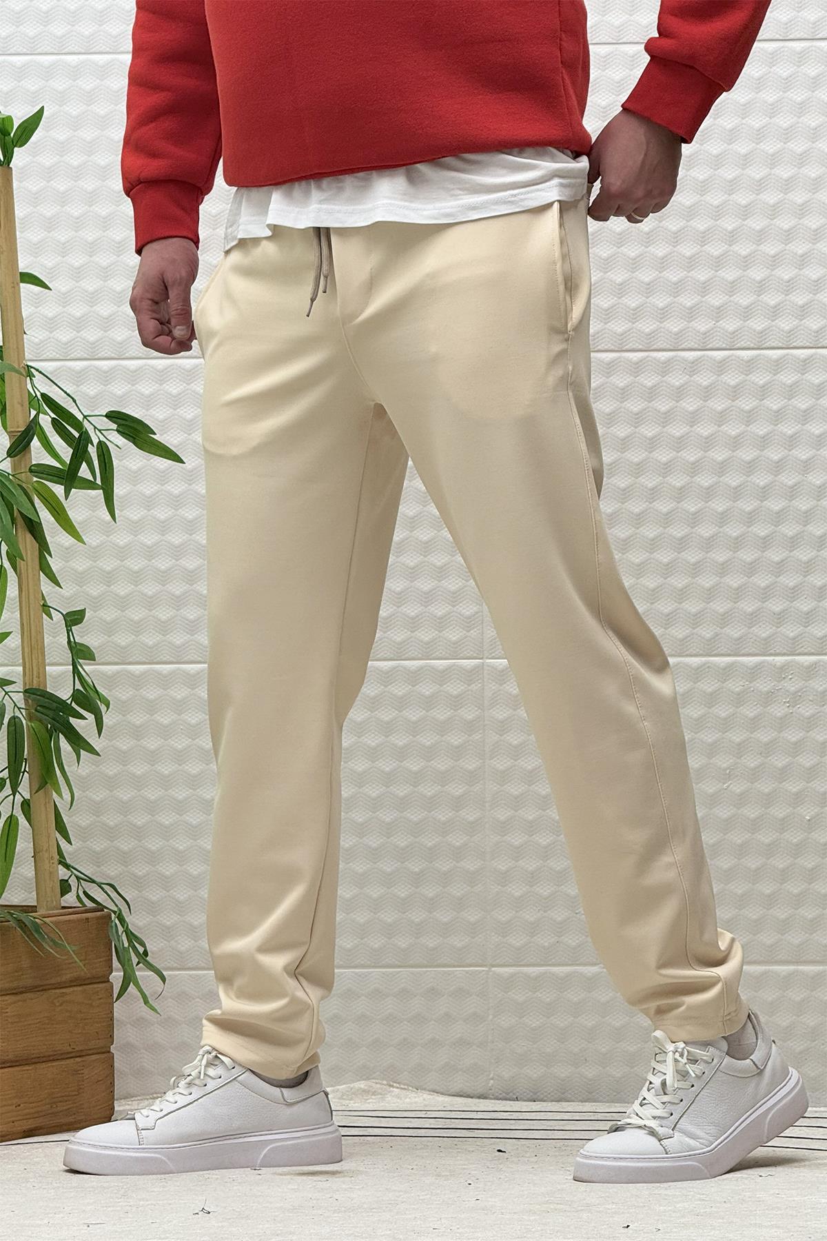 Erkek Düz Paça Çelik Örgü Kumaş Mevsimlik Klasik Pantalon - Bej