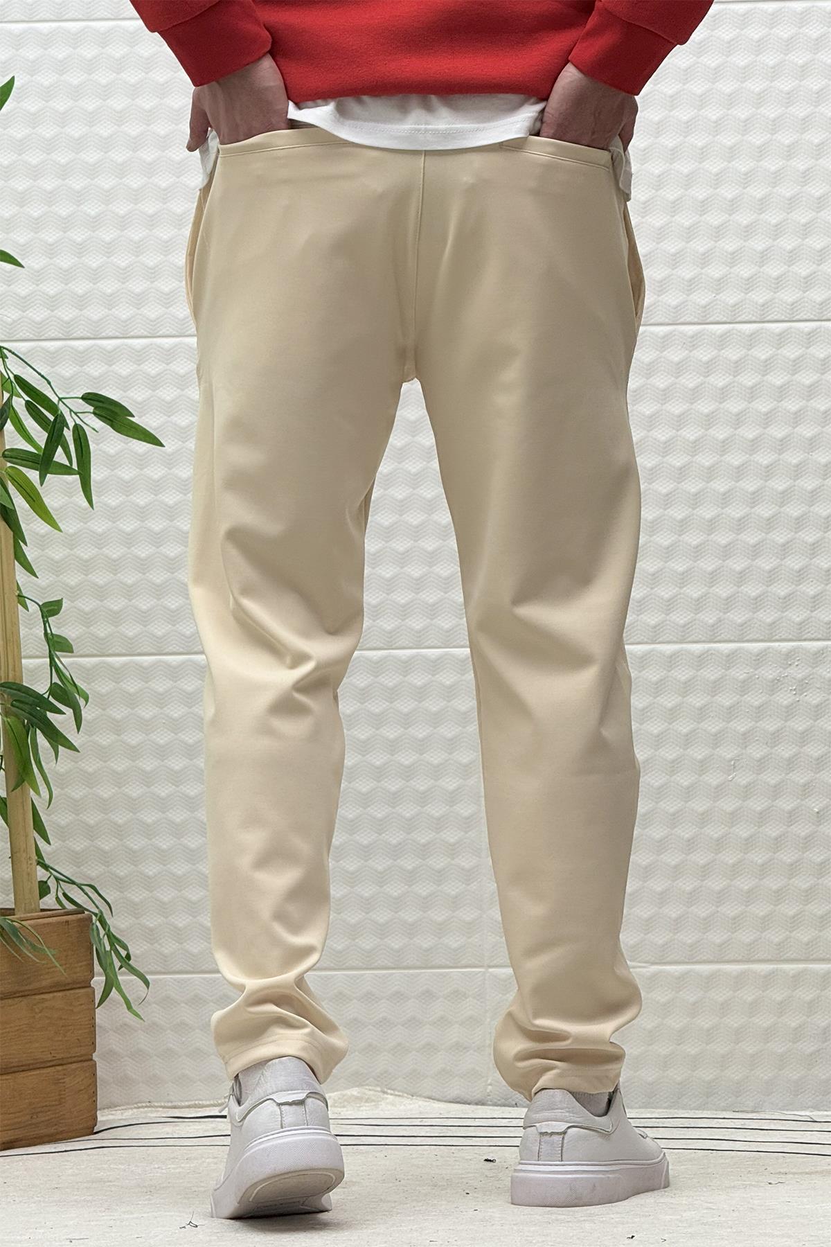 Erkek Düz Paça Çelik Örgü Kumaş Mevsimlik Klasik Pantalon - Bej