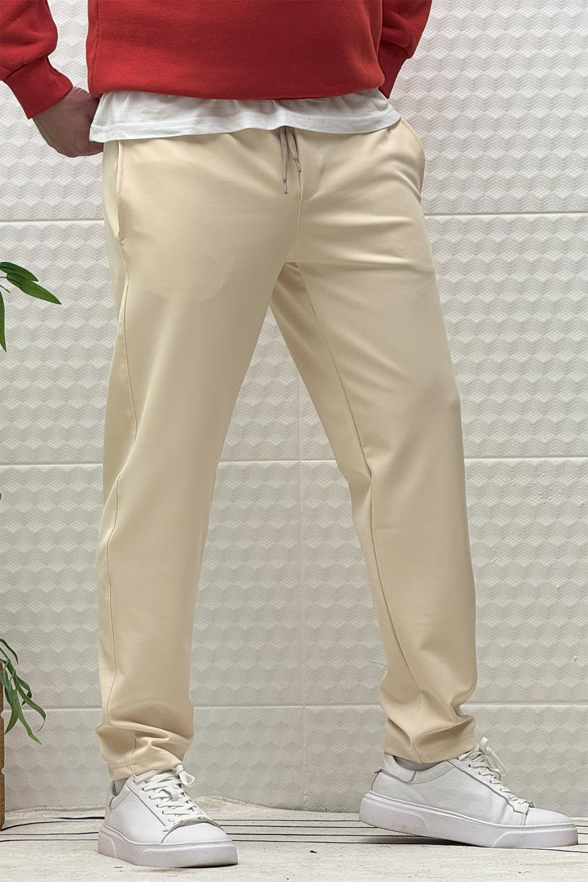 Erkek Düz Paça Çelik Örgü Kumaş Mevsimlik Klasik Pantalon - Bej