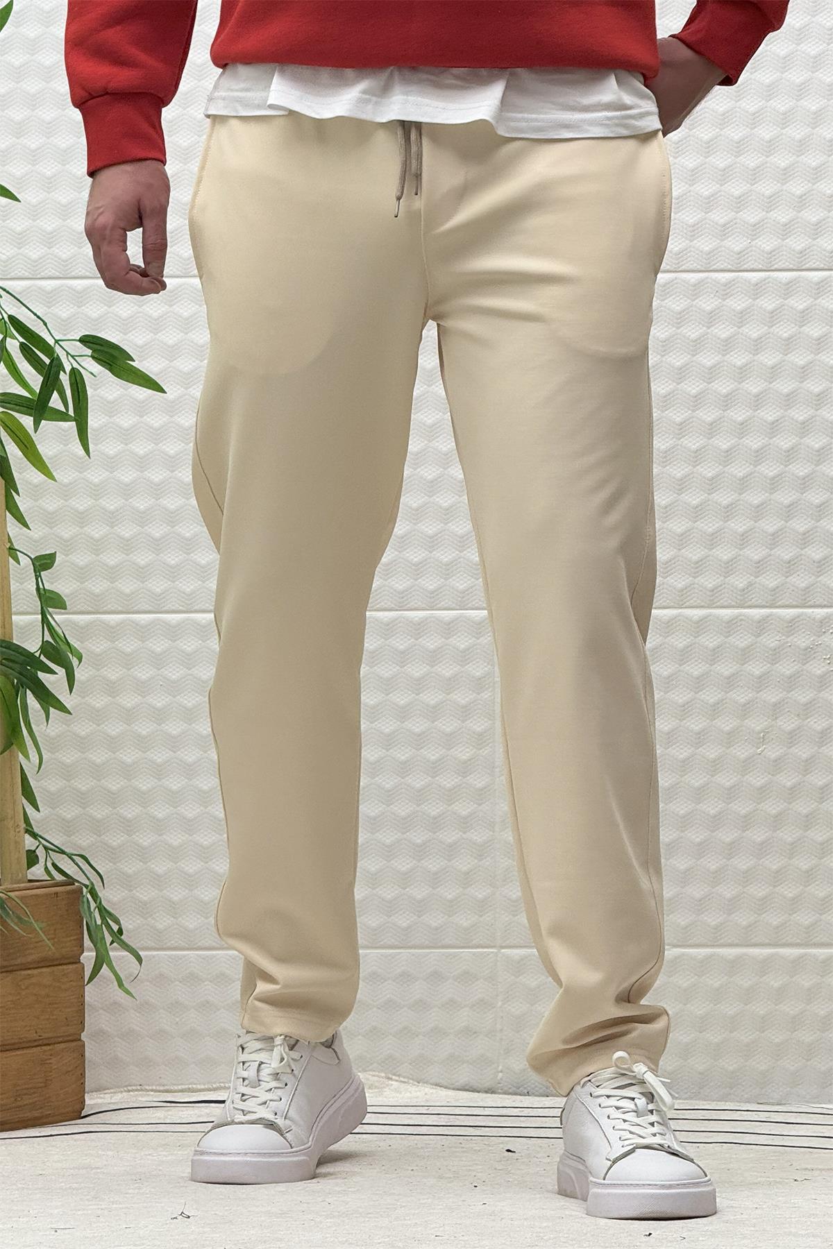 Erkek Düz Paça Çelik Örgü Kumaş Mevsimlik Klasik Pantalon - Bej