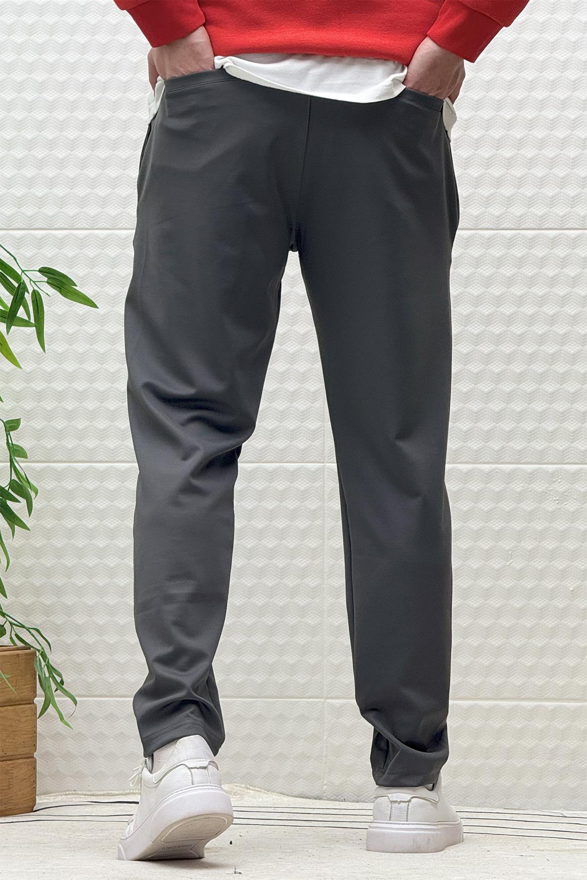 Erkek Düz Paça Çelik Örgü Kumaş Mevsimlik Klasik Pantalon - Füme