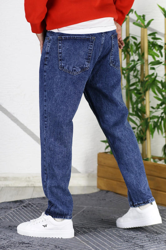 Erkek Düz Paça Yıkamalı Boyfriend Pantolon - Lacivert