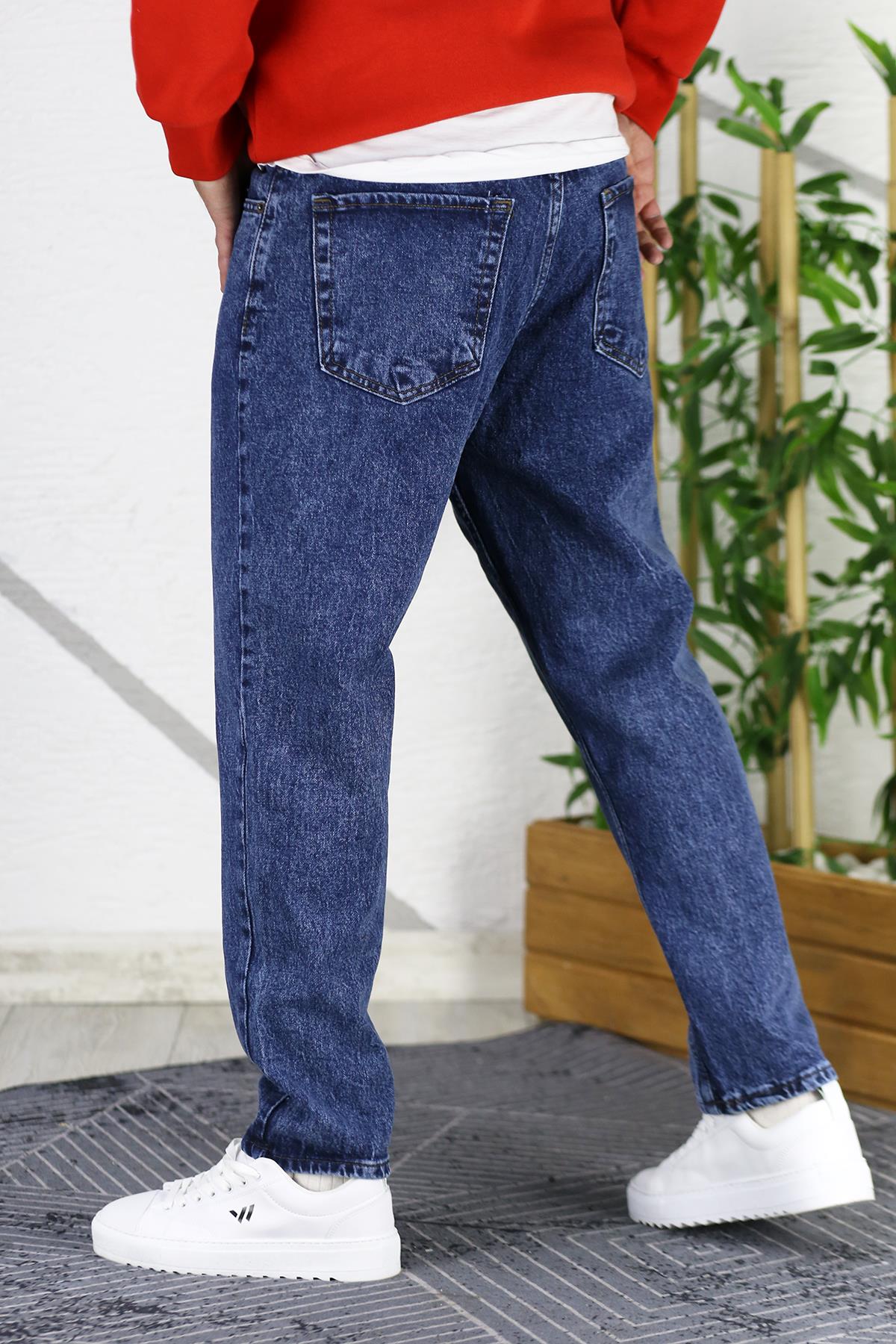Erkek Düz Paça Yıkamalı Boyfriend Pantolon - Lacivert