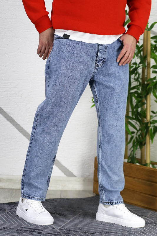 Erkek Düz Paça Yıkamalı Boyfriend Pantolon - Mavi
