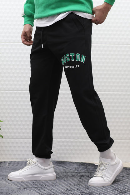 Erkek Eşofman Altı Yazlık Boston Baskılı - Siyah