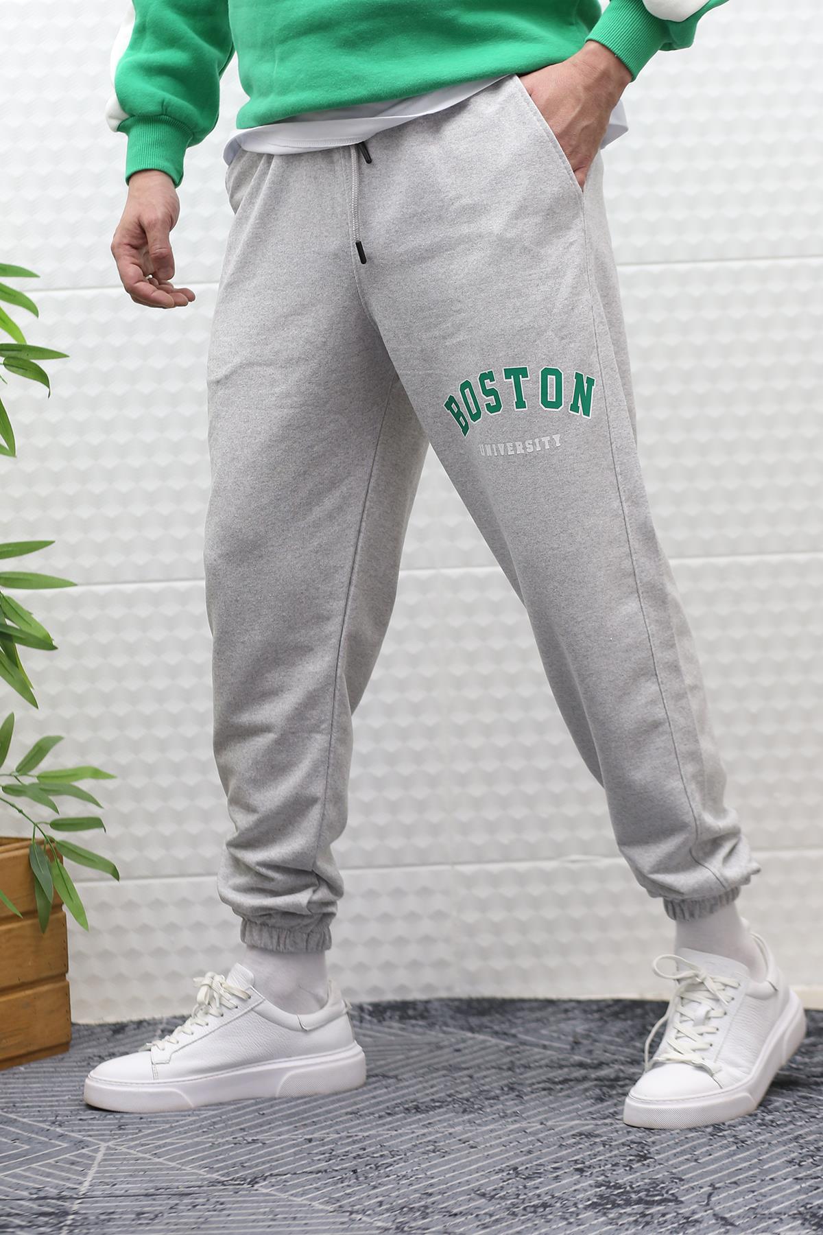 Erkek Eşofman Altı Yazlık Boston Baskılı - Gri