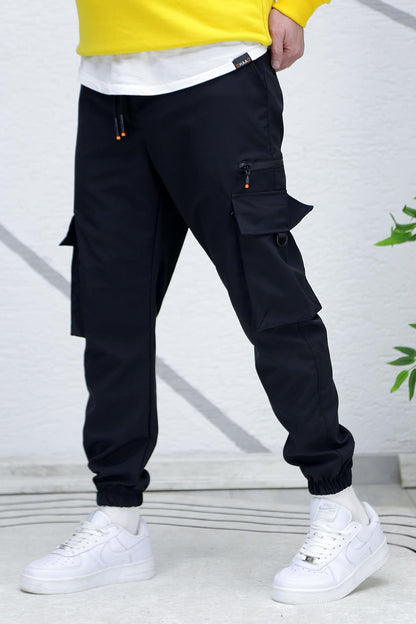 Erkek Fermuar Detaylı Paraşüt Kargo Pantolon (DAR KESİM) - Siyah