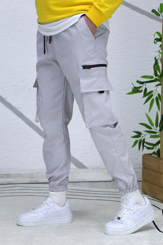 Erkek Fermuar Detaylı Paraşüt Kargo Pantolon (DAR KESİM) - Gri