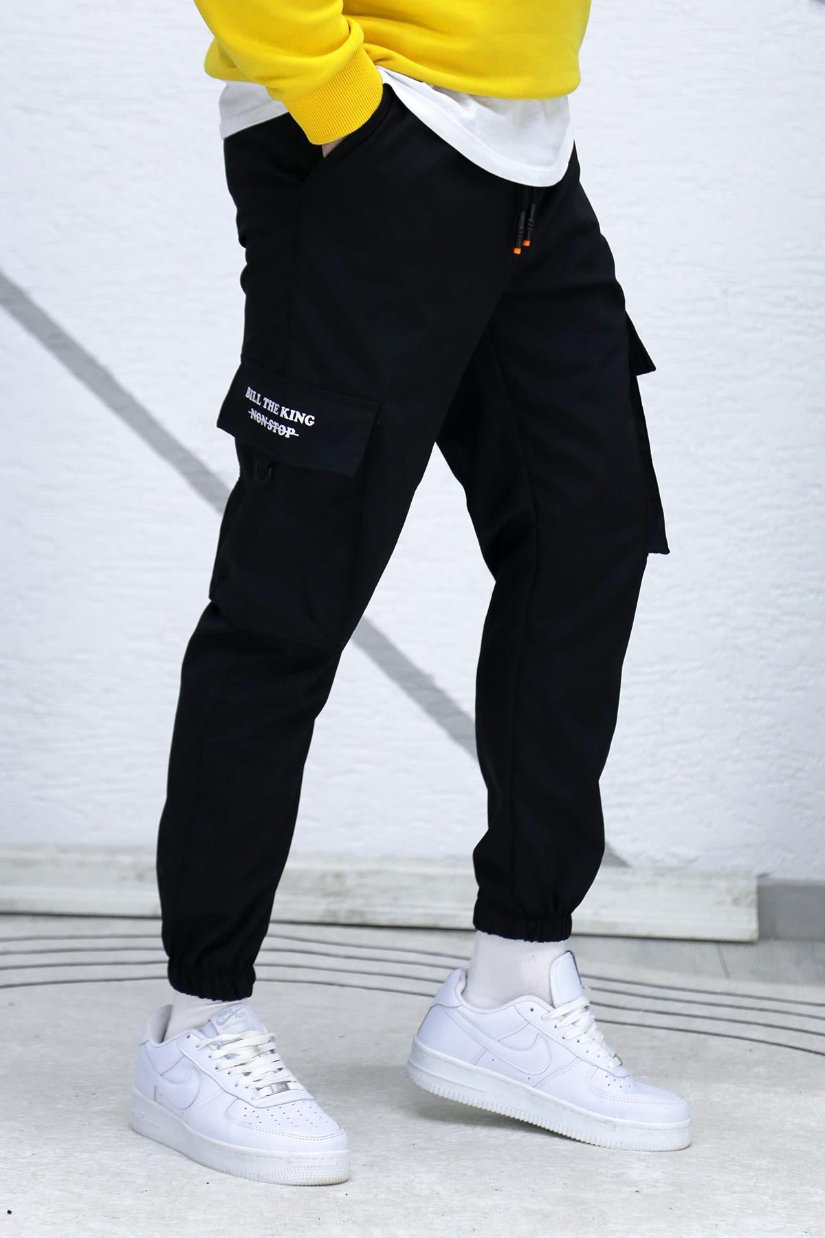 Erkek Fermuar Detaylı Paraşüt Kargo Pantolon (DAR KESİM) - Siyah