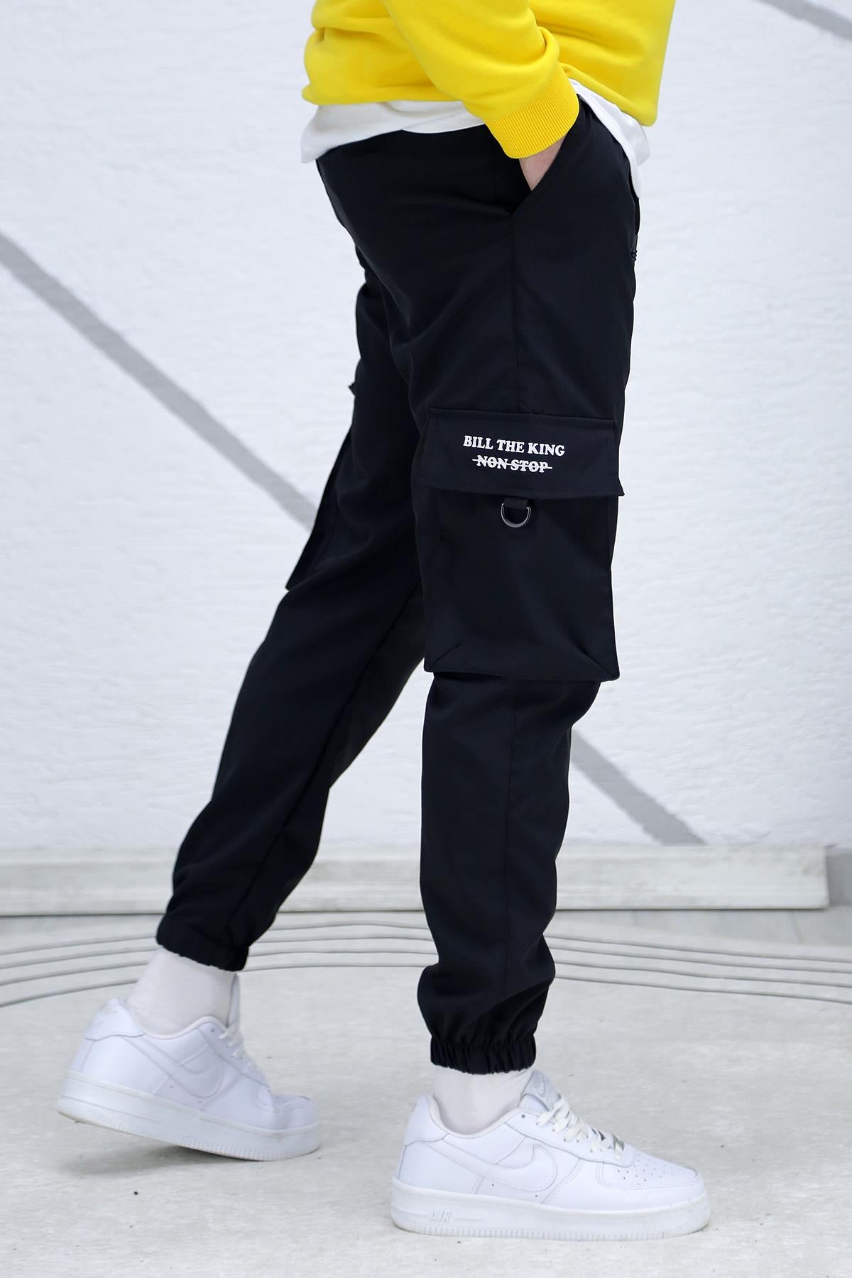 Erkek Fermuar Detaylı Paraşüt Kargo Pantolon (DAR KESİM) - Siyah