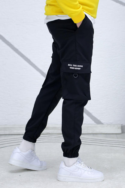 Erkek Fermuar Detaylı Paraşüt Kargo Pantolon (DAR KESİM) - Siyah
