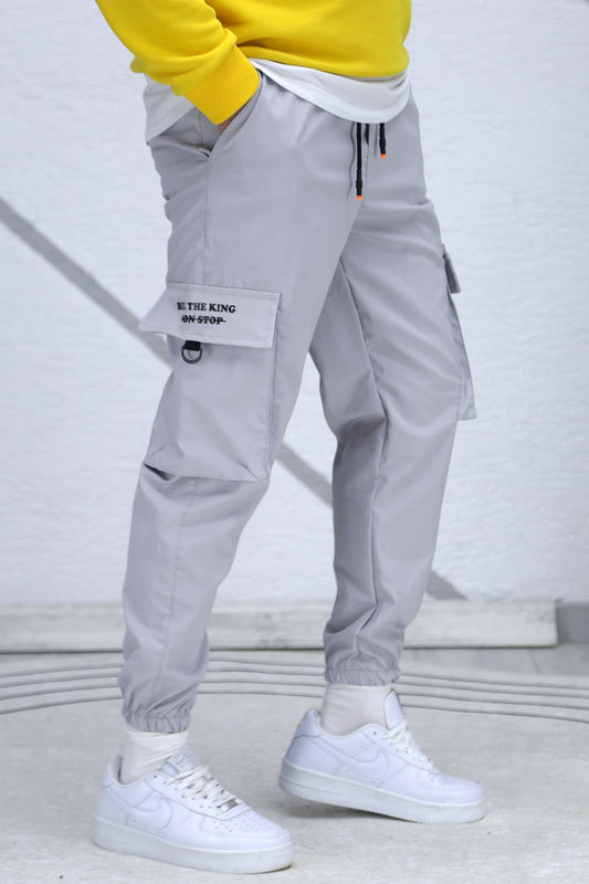 Erkek Fermuar Detaylı Paraşüt Kargo Pantolon (DAR KESİM) - Gri