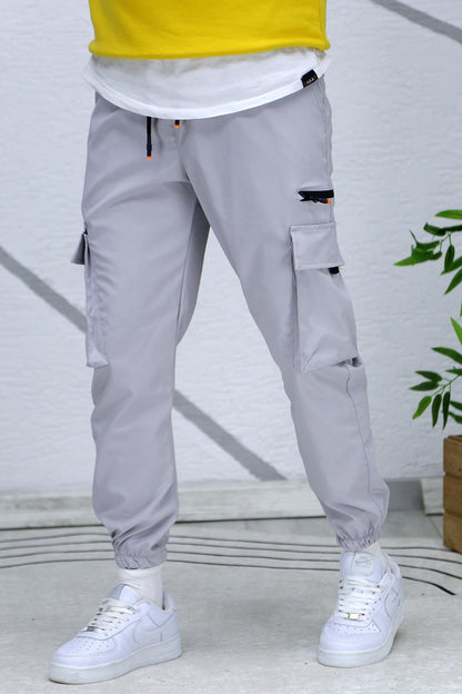 Erkek Fermuar Detaylı Paraşüt Kargo Pantolon (DAR KESİM) - Gri